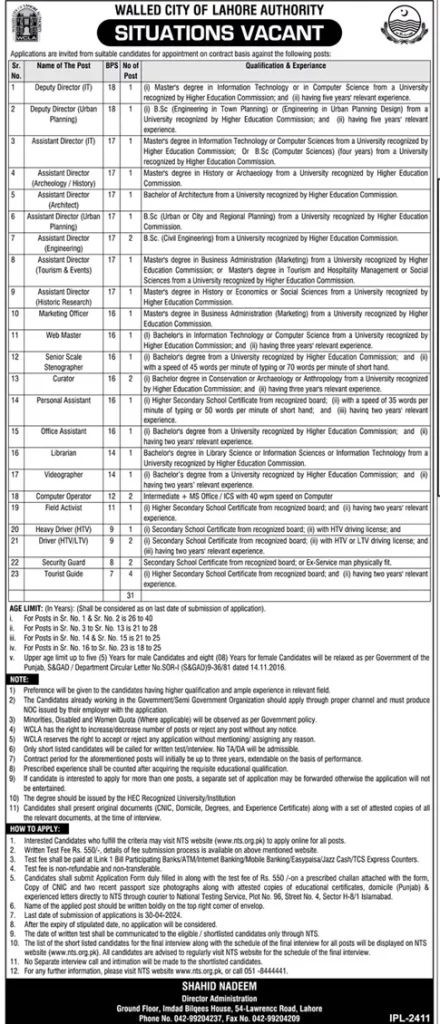 BPS-07 to BPS-18 Jobs in Walled City Lahore Authority (WCLA)